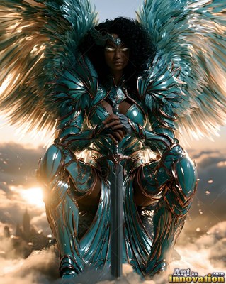 Seated in the clouds, a winged woman rests hands on a sword in blue armor