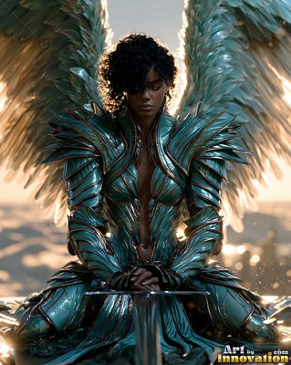 A winged woman with curly dark hair kneels in green armor above clouds