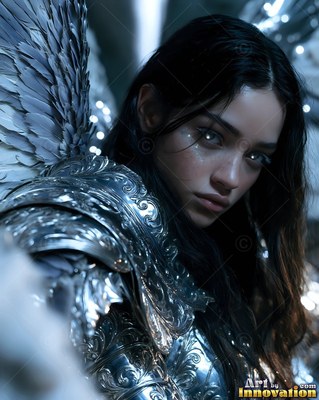In the shadows, a dark-haired winged woman wears shiny silver plate armor