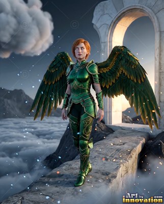 Woman in green armor with green wings above the clouds