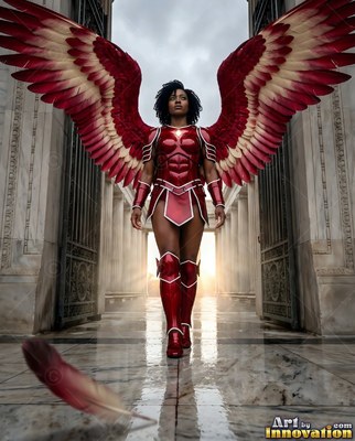 Wearing shiny red armor by tall stone pillars, a woman walks with open wings
