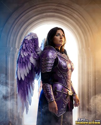A winged woman stands in shiny purple armor before a bright stone archway