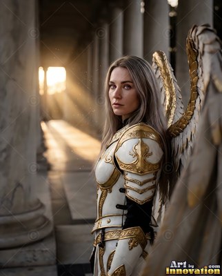 Turned sideways in a stone hallway, a winged woman wears white and gold armor