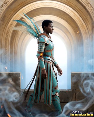 A woman walks in teal armor with feathered wings under stone arches
