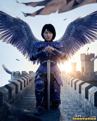 On a castle wall, a winged woman in purple armor kneels over a sword