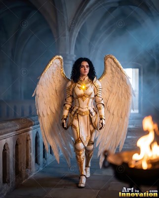 Walking forward, a winged woman in white armor paces down a stone hallway