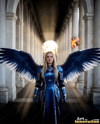 A winged woman in blue armor standing in a colonnade