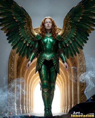 Wearing polished green plate armor, a winged woman steps through bright arched halls