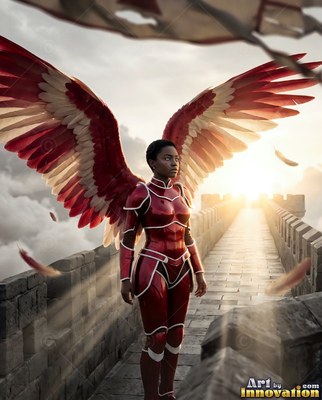 A winged woman in red armor stands on a stone wall as bright sunlight breaks behind her