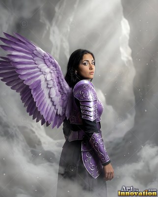 Turned sideways in misty clouds, a woman wears purple armor with matching wings