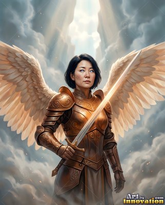 A winged woman in bronze armor stands holding a raised sword before bright clouds