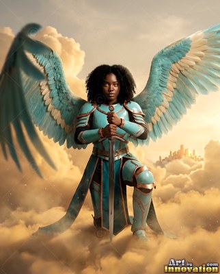 Among sunlit clouds, a Black winged woman in cyan armor kneels gripping a sword