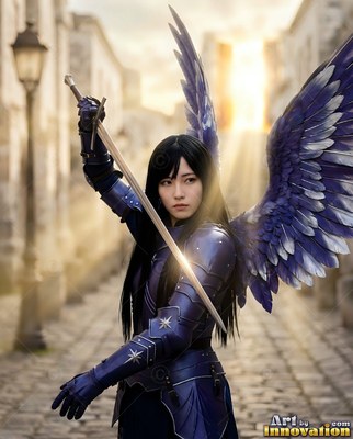 Holding a raised sword, a woman in blue plate armor stands with blue feathered wings