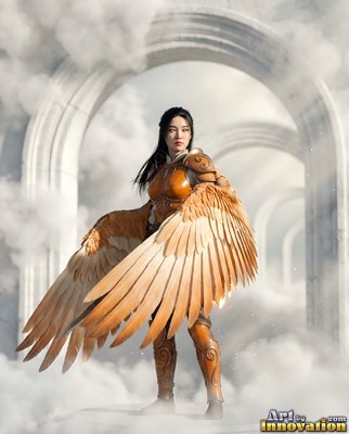 A winged woman in orange armor stands before stone arches in the clouds