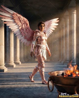 Pink armor dresses a winged woman walking past stone pillars in morning sun