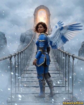 A winged woman in blue armor turns on a rope bridge lit by bright gold light