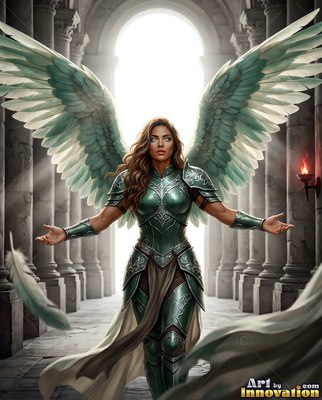 Facing forward in a stone hall, a winged woman opens her arms in green armor