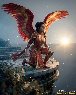 A winged woman in red armor kneels on a stone ledge at sunrise