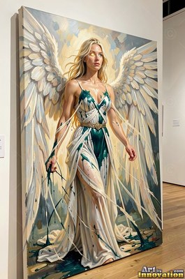 In a bright gallery, a winged woman is standing in a dripping simple white dress
