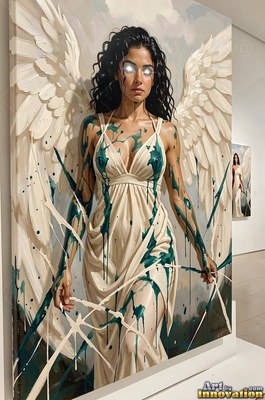 Standing with white wings spread, a woman in a pale dress is splashed with dark green paint