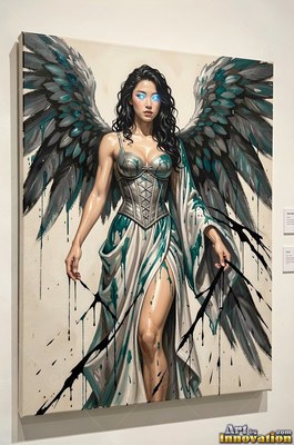 Winged woman with blue eyes standing in a corset dress