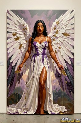 Dressed in a white gown stained with purple paint, a winged woman is standing before soft hills