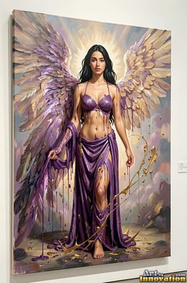 A woman with wings stands in purple drapery with warm yellow light shining behind her head