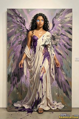 Standing forward in an empty room, a woman with purple wings wears a paint-splashed dress