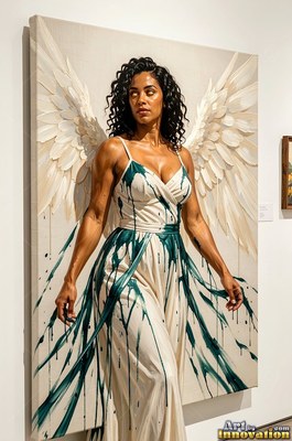 A winged woman dressed in a white dress dripped with teal paint stands in a gallery
