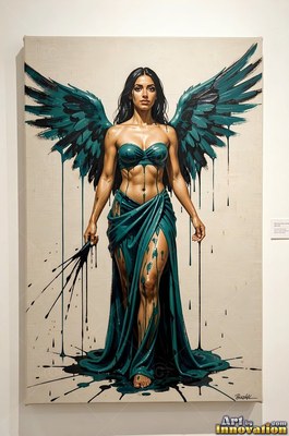 On a plain background, a woman with wings stands in a dripping teal dress