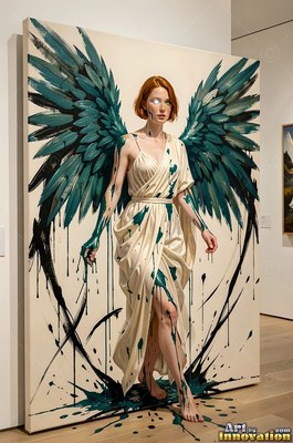Stepping off a canvas, a winged woman in a cream dress drips teal paint