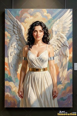 Dark-haired winged woman in a plain white dress with clouds behind her