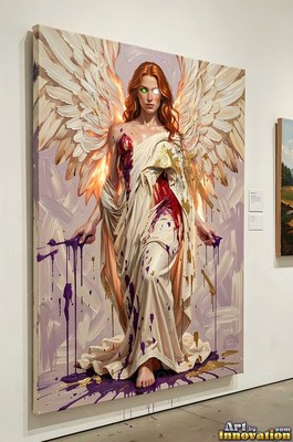 Draped in a cream robe with purple paint, a woman with wings stands in a pale room