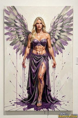 A blonde winged woman is standing forward as purple paint drips from her dress