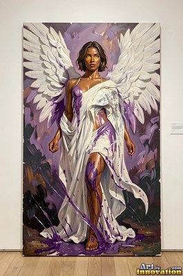 Standing front and center, a winged woman drips with purple paint on a dark stage