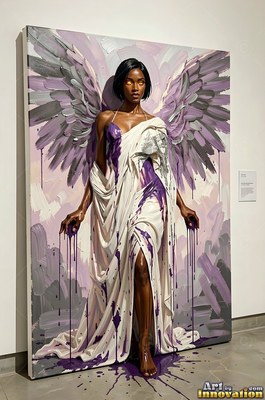 A winged Black woman in a pale white dress steps forward as purple paint drips from her hands