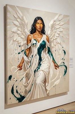 Against a cream backdrop, a winged woman is standing in a simple white dress splashed with green