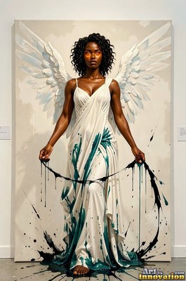 Standing with white wings, a Black woman holds strings dripping dark teal paint