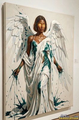 Winged woman wearing a simple white dress splashed with dark teal paint