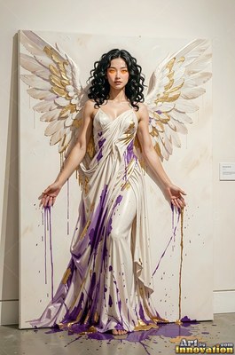 Purple paint splashes down a winged woman's white gown as she steps out from a canvas in a gallery