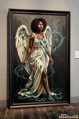A winged woman walks forward as thick teal paint drips down her pale white dress