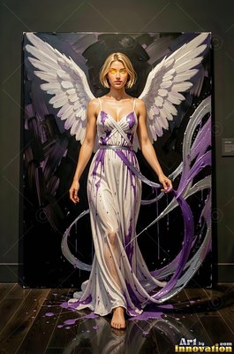 Standing forward in a dark gallery, a winged woman wears a purple-stained white gown