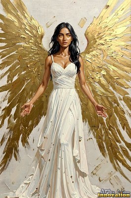 A dark-haired woman in a pale white dress stands with open gold wings