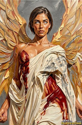 Against a gray wall, a winged woman stands in a bloodstained white robe