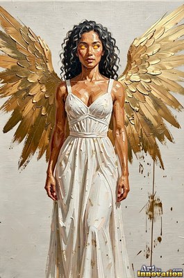 Standing upright, a winged woman in a pale white gown displays bright gold wings