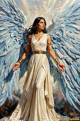 Dark-haired woman with light blue wings in an ivory dress