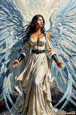 A dark belt cinches the white dress of a woman with blue wings against pale clouds