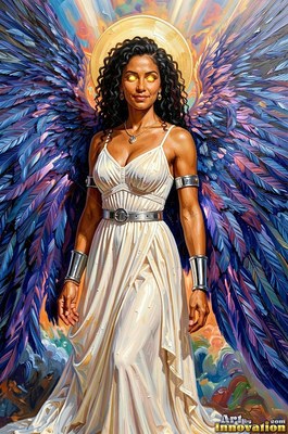 A winged woman is standing in a plain white dress with spread purple wings under bright yellow light