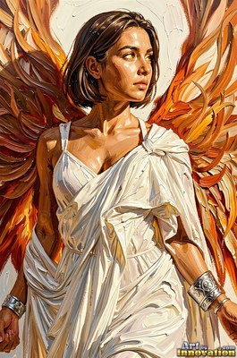 Turned three-quarters in white robes, a winged woman stands in bright light