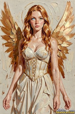A red-haired woman in a cream dress stands with gold wings spread behind her